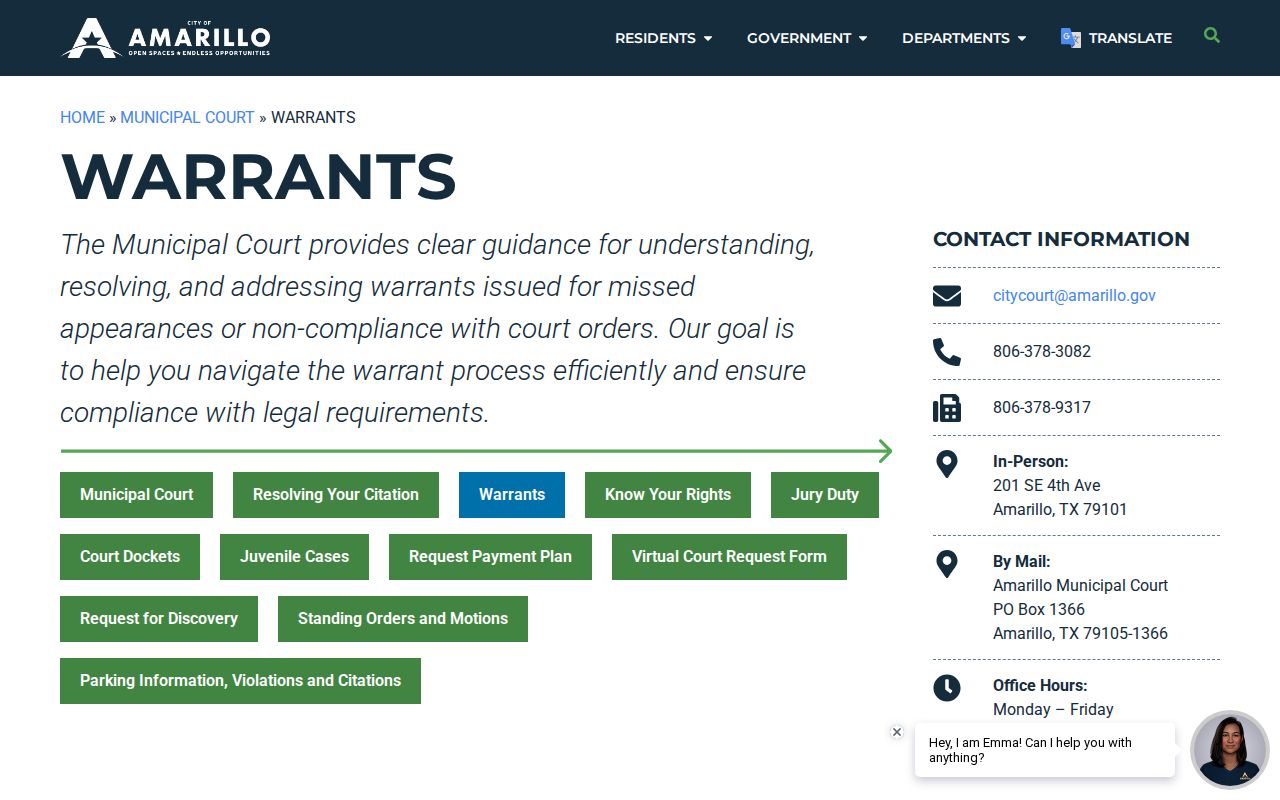 Amarillo Municipal Court warrant list search controls with personal rows excluded