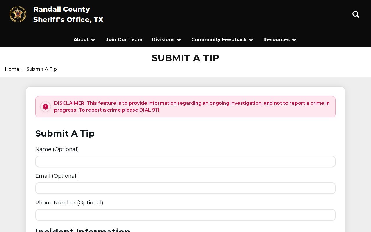 Randall County Sheriff tip form fields for a warrant-related public safety report