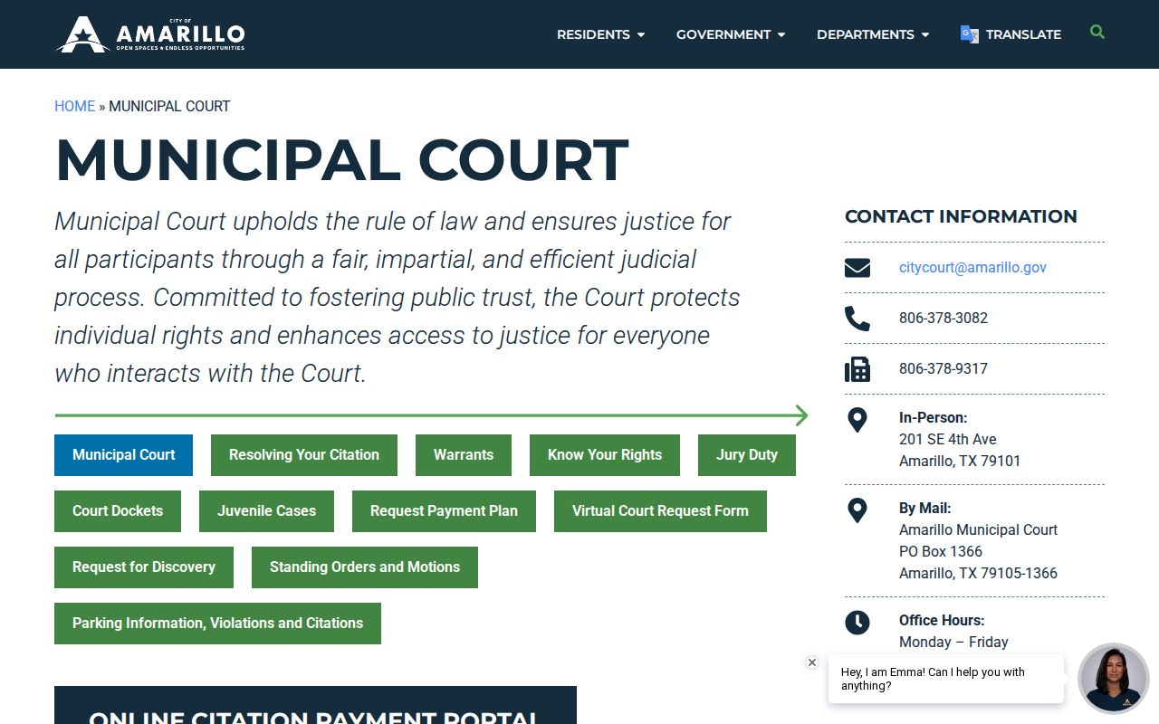 Amarillo municipal court public contact page for city warrant cases