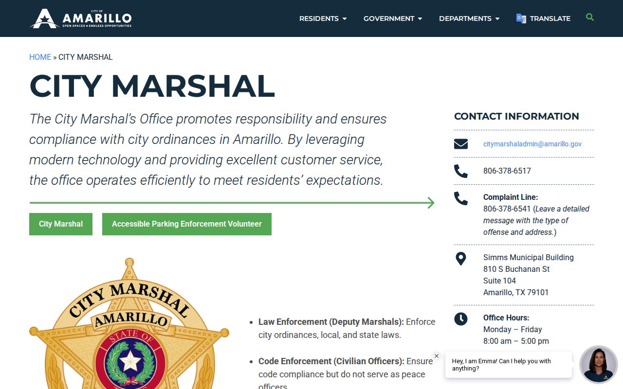 Amarillo City Marshal office contact for serving municipal warrants in Randall County