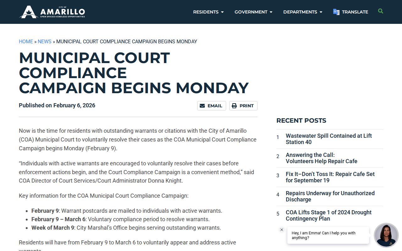 Amarillo municipal warrant compliance campaign notice