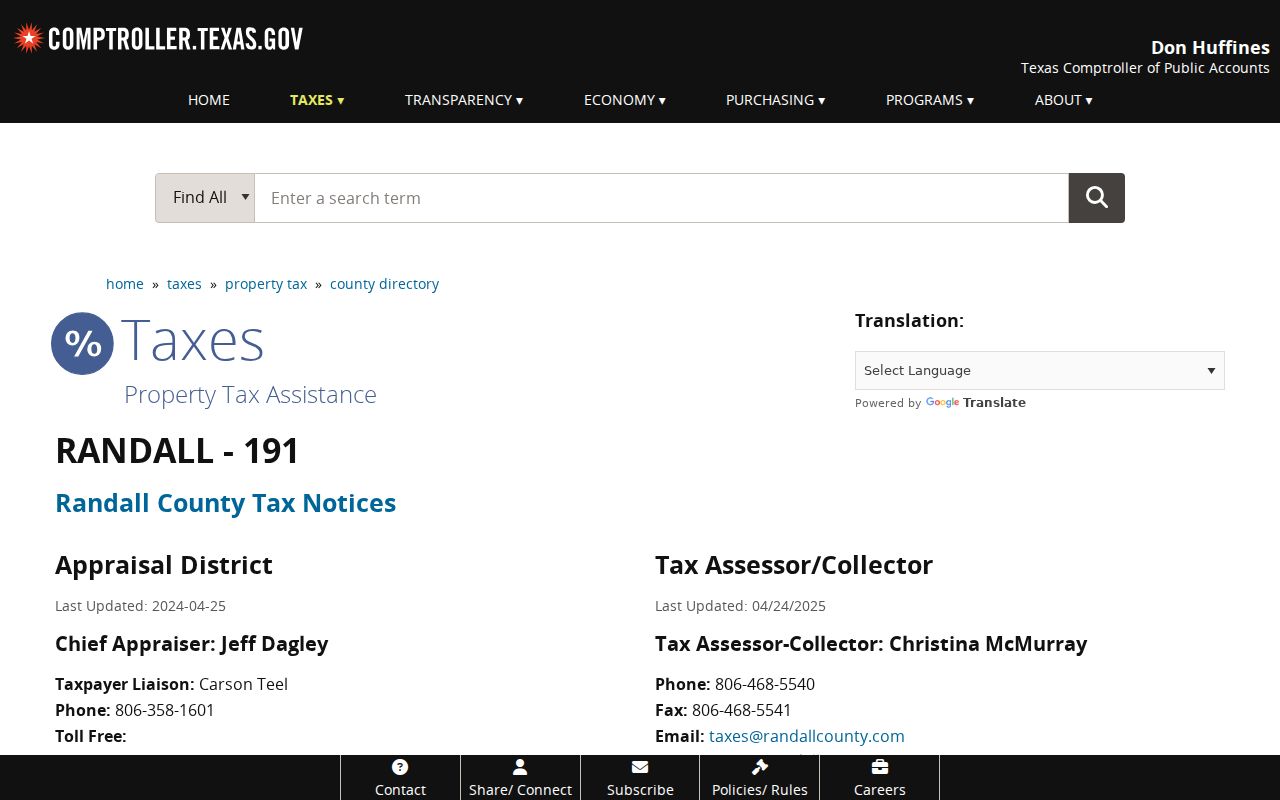 Texas Comptroller local government listing for Happy, Texas