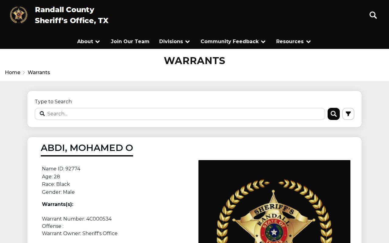 Blank Randall County Sheriff warrant search interface